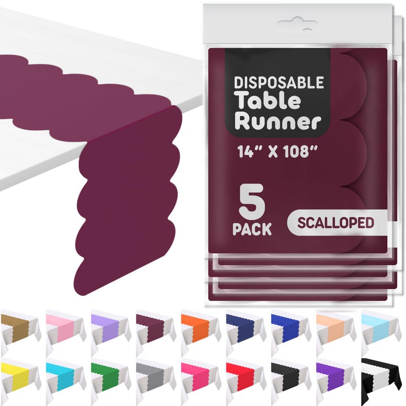 Swanoo Burgundy Plastic Disposable Table Runner. 5 Pack 14 x 108 inch. Scallop Table Runner Adds A Pop of Color to Your Party Table, by Swanoo - Image 1